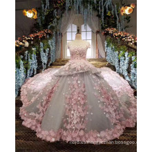 De la flor del hombro Flor de encaje de hadas de color rosa Appliqued bordado diseños vestido de novia vestido de novia